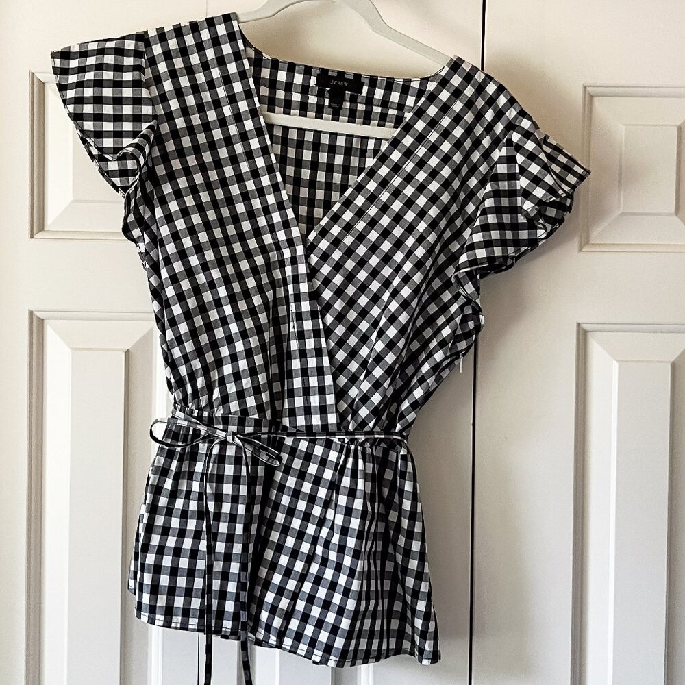 J. Crew Faux Wrap Black & White Gingham Top with tie at waist size L